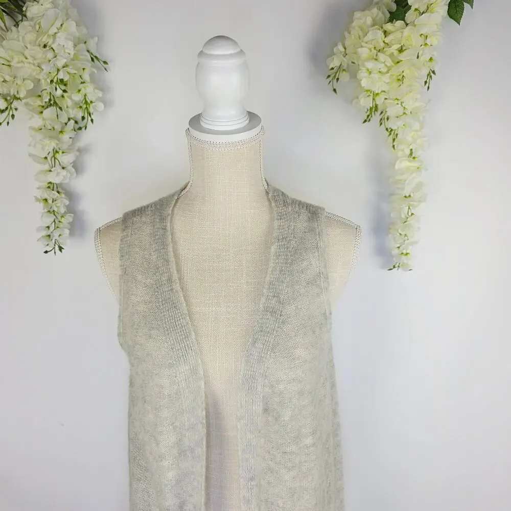 Lucky Brand Sweater Vest Small Gray Wool Blend Open Front Long Pockets Boho Chic